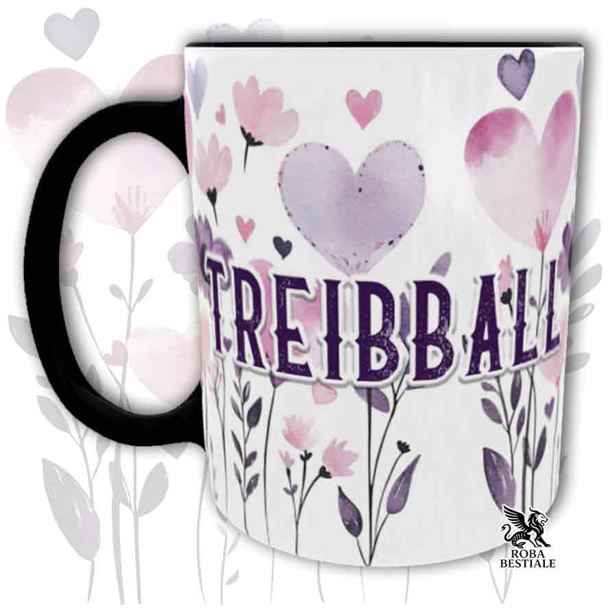 Tazza con dettagli neri stampata con una grafica dedicata al Treibball, collezione Candy
