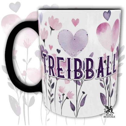 Tazza con dettagli neri stampata con una grafica dedicata al Treibball, collezione Candy