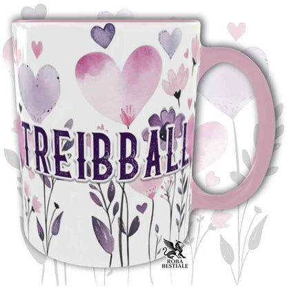 Tazza con dettagli rosa stampata con una grafica dedicata al Treibball, collezione Candy