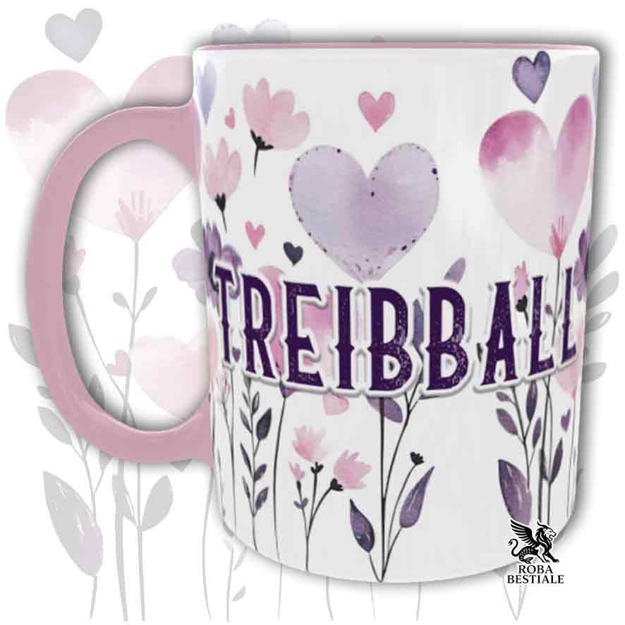 Tazza con dettagli rosa stampata con una grafica dedicata al Treibball, collezione Candy
