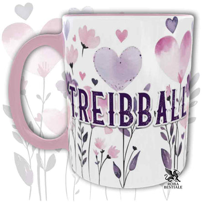 Tazza con dettagli rosa stampata con una grafica dedicata al Treibball, collezione Candy