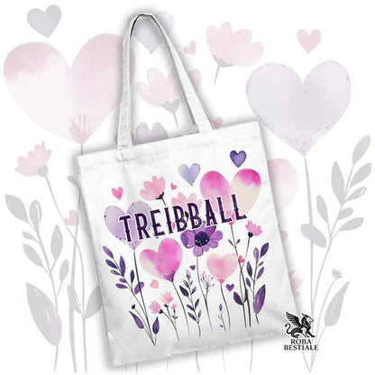 Borsa shopper bianca stampata con una grafica dedicata al Treibball, collezione Candy
