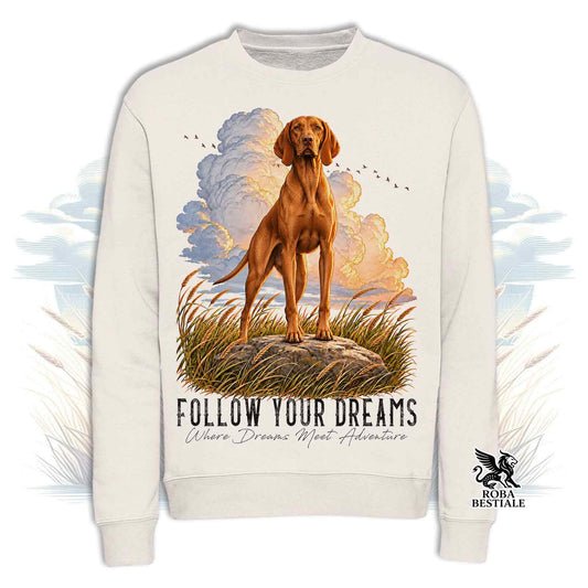 Felpa girocollo bianca con stampa cane Bracco Ungherese e scritta Follow Your Dreams