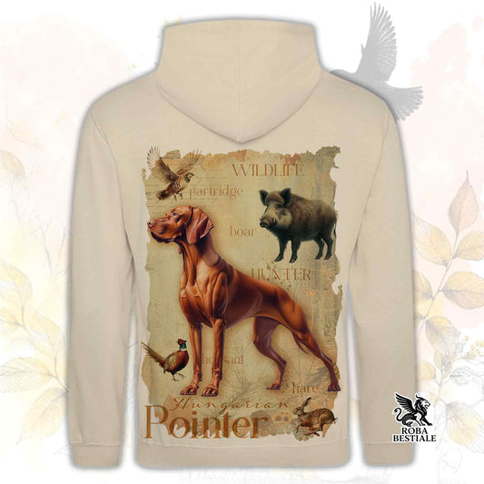 Felpa beige con cappuccio stampata con una grafica dedicata al Vizsla e alla caccia, collezione Field Legacy