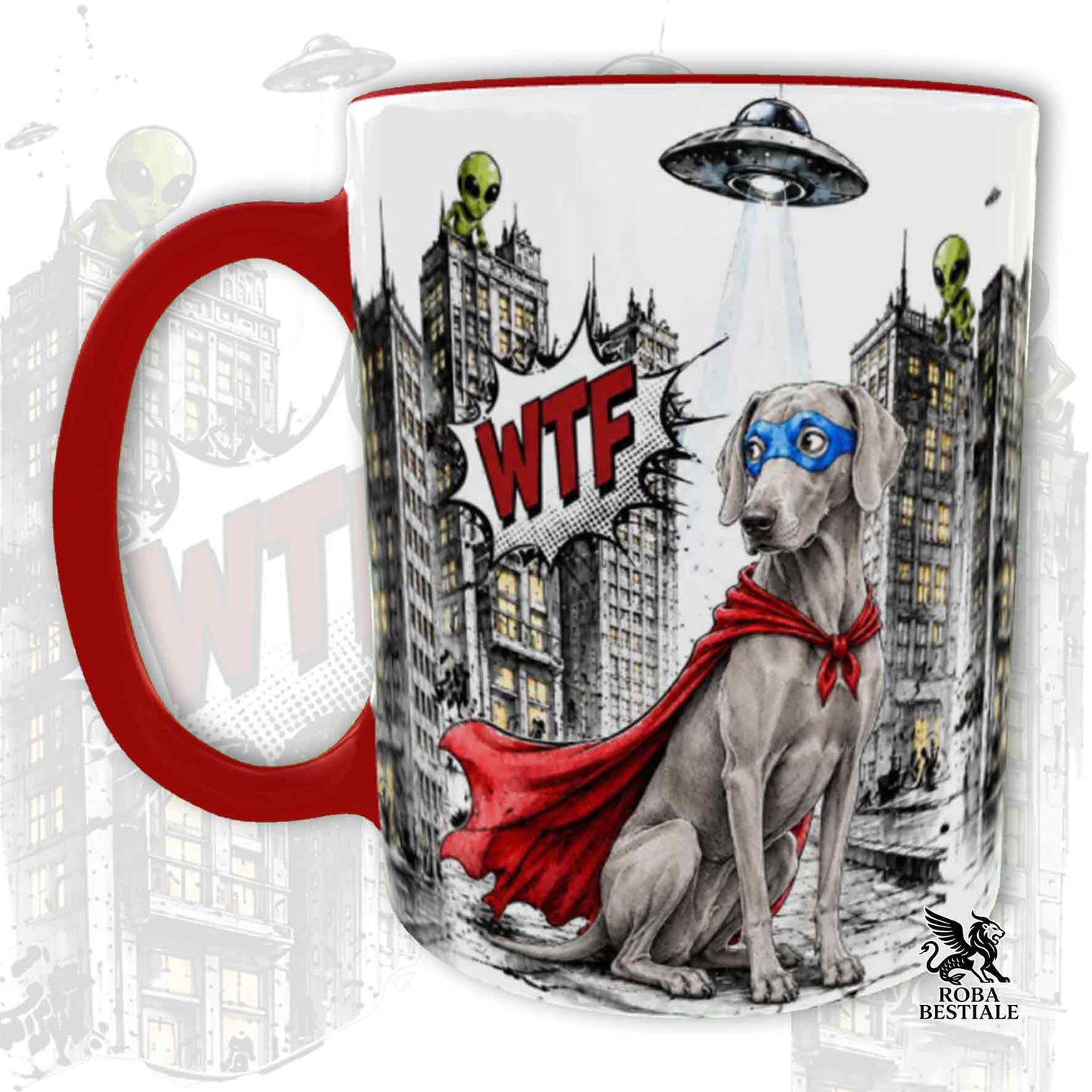 Tazza rossa stampata con un weimaraner con espressione sorpresa, vestito da Super Eroe. Grafica originale Roba Bestiale, collezione Hero