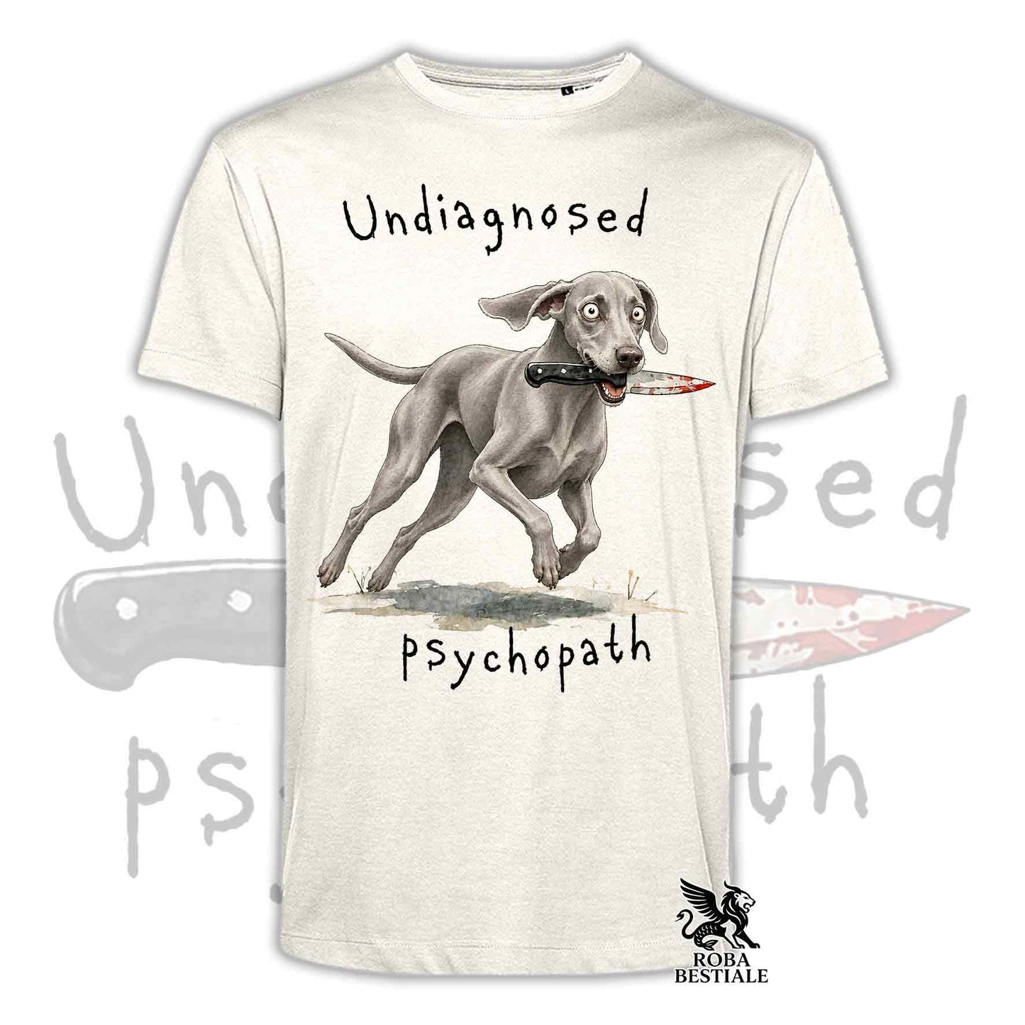 T-shirt beige stampata con un Weimaraner che tiene un coltello tra i denti. Grafica originale Roba Bestiale, collezione Psychopath