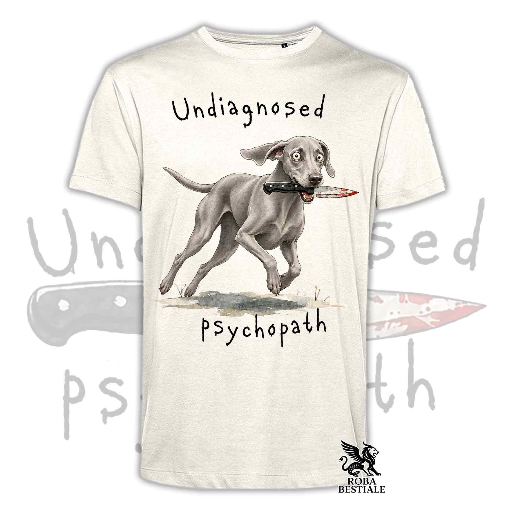 T-shirt beige stampata con un Weimaraner che tiene un coltello tra i denti. Grafica originale Roba Bestiale, collezione Psychopath