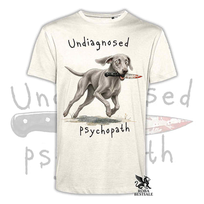 T-shirt beige stampata con un Weimaraner che tiene un coltello tra i denti. Grafica originale Roba Bestiale, collezione Psychopath