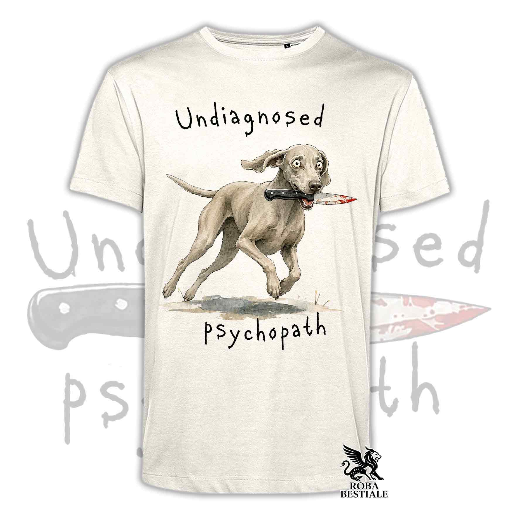 T-shirt beige stampata con un Weimaraner che tiene un coltello tra i denti. Grafica originale Roba Bestiale, collezione Psychopath
