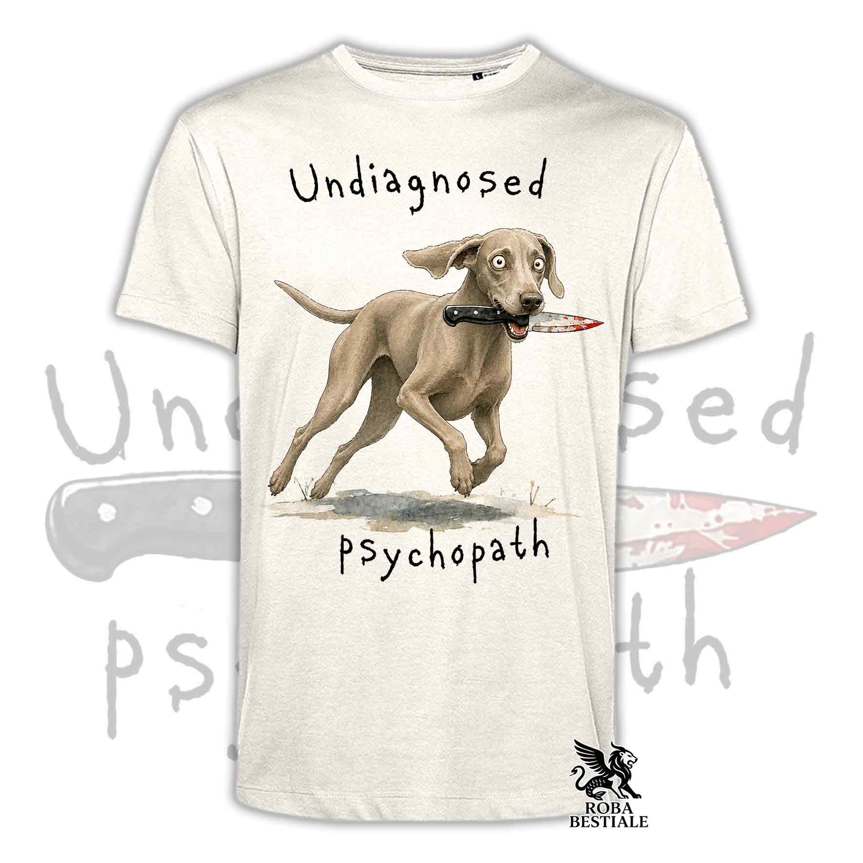 T-shirt beige stampata con un Weimaraner che tiene un coltello tra i denti. Grafica originale Roba Bestiale, collezione Psychopath