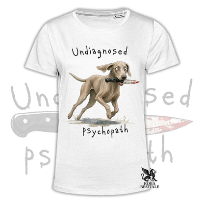 T-shirt topo stampata con un Weimaraner che tiene un coltello tra i denti. Grafica originale Roba Bestiale, collezione Psychopath