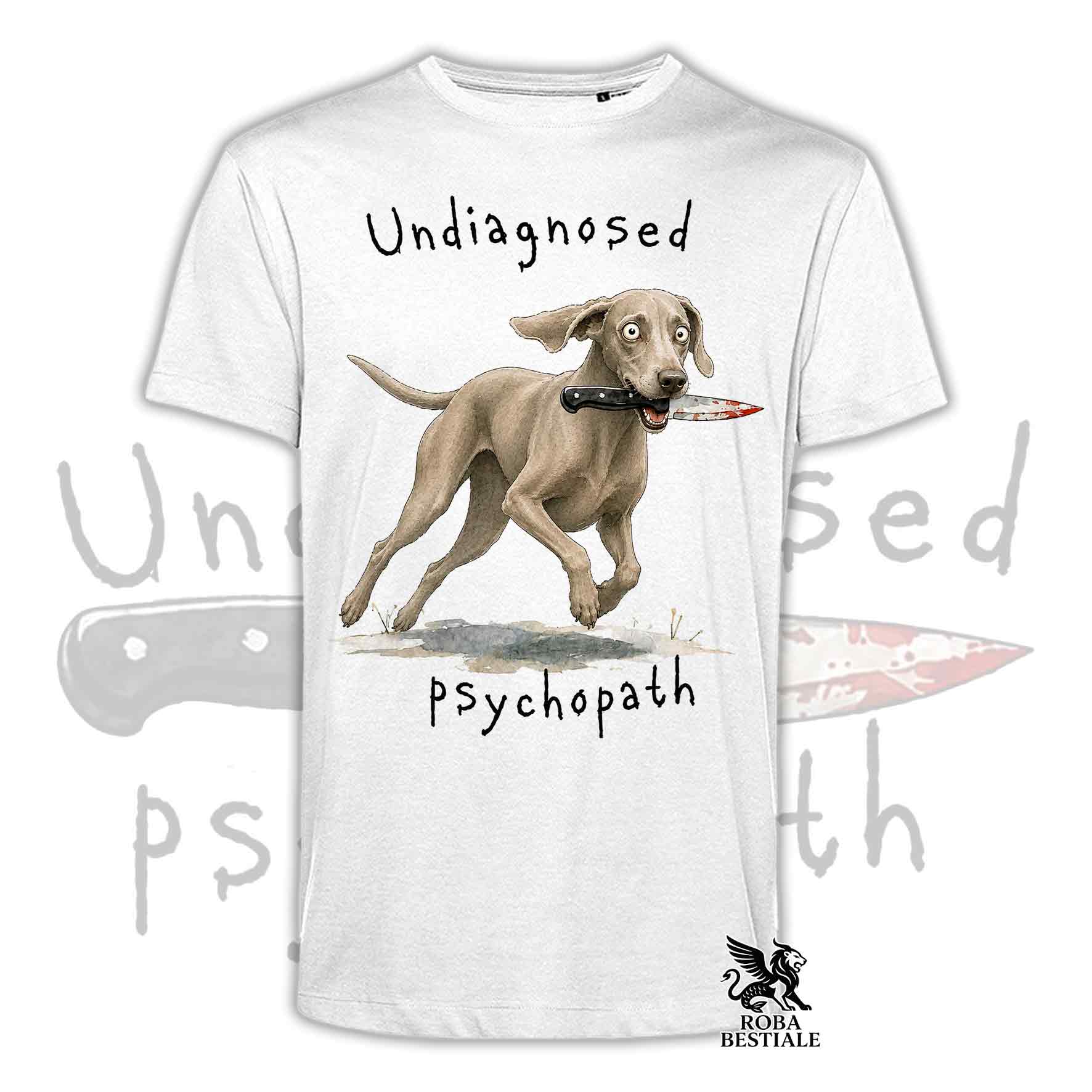 T-shirt bianca stampata con un Weimaraner che tiene un coltello tra i denti. Grafica originale Roba Bestiale, collezione Psychopath