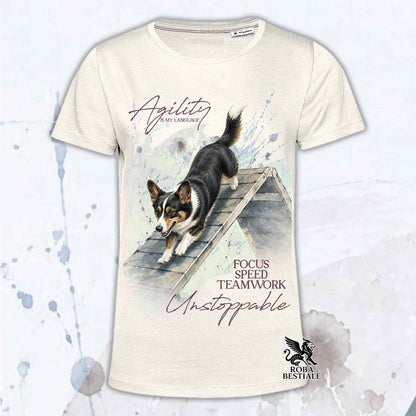 T-shirt beige stampata con un Welsh Corgi Cardigan che fa Agility. Grafica originale Roba Bestiale, collezione A-Frame