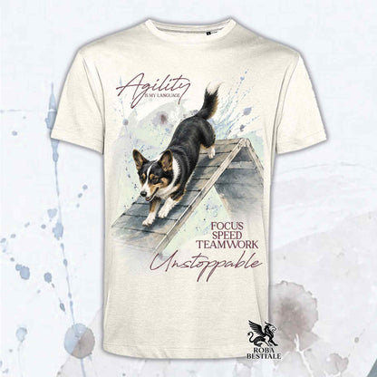T-shirt beige stampata con un Welsh Corgi Cardigan che fa Agility. Grafica originale Roba Bestiale, collezione A-Frame