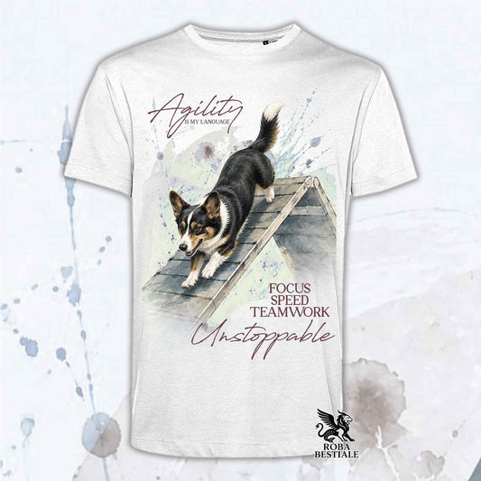 T-shirt bianca stampata con un Welsh Corgi Cardigan che fa Agility. Grafica originale Roba Bestiale, collezione A-Frame