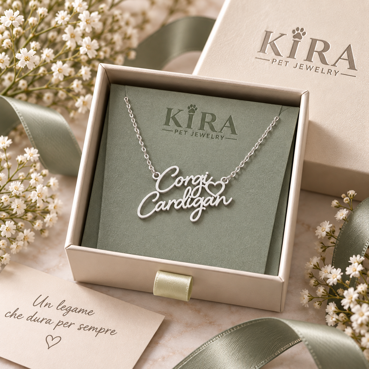 Collier KIRA PET JEWELRY - CORGI CARDIGAN - En acier inoxydable avec chaîne à mailles fines