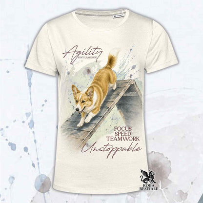 T-shirt beige stampata con un Welsh Corgi Cardigan che fa Agility. Grafica originale Roba Bestiale, collezione A-Frame