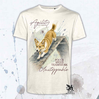T-shirt beige stampata con un Welsh Corgi Cardigan che fa Agility. Grafica originale Roba Bestiale, collezione A-Frame