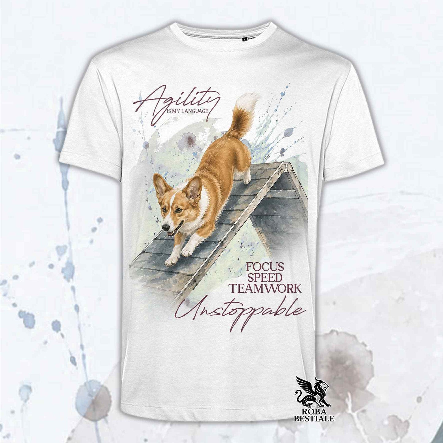 T-shirt bianca stampata con un Welsh Corgi Cardigan che fa Agility. Grafica originale Roba Bestiale, collezione A-Frame