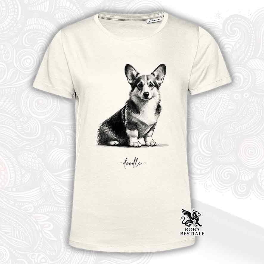 T-shirt beige stampata con un Welsh Corgi Cardigan, grafica Doodle