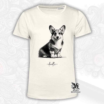 T-shirt beige stampata con un Welsh Corgi Cardigan, grafica Doodle
