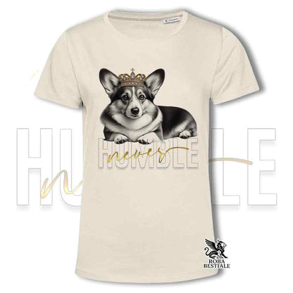T-shirt beige stampata con un Welsh Corgi Cardigan, grafica Never Humble