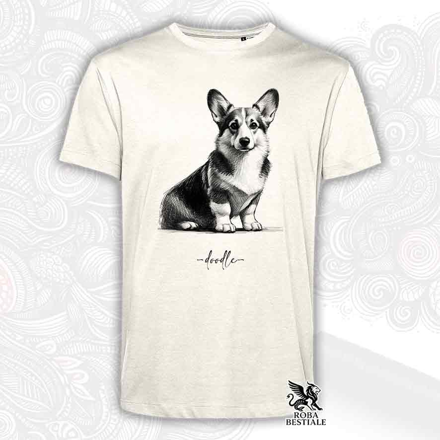 T-shirt beige stampata con un Welsh Corgi Cardigan, grafica Doodle
