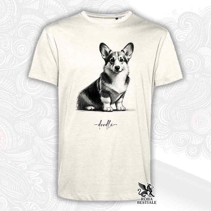 T-shirt beige stampata con un Welsh Corgi Cardigan, grafica Doodle