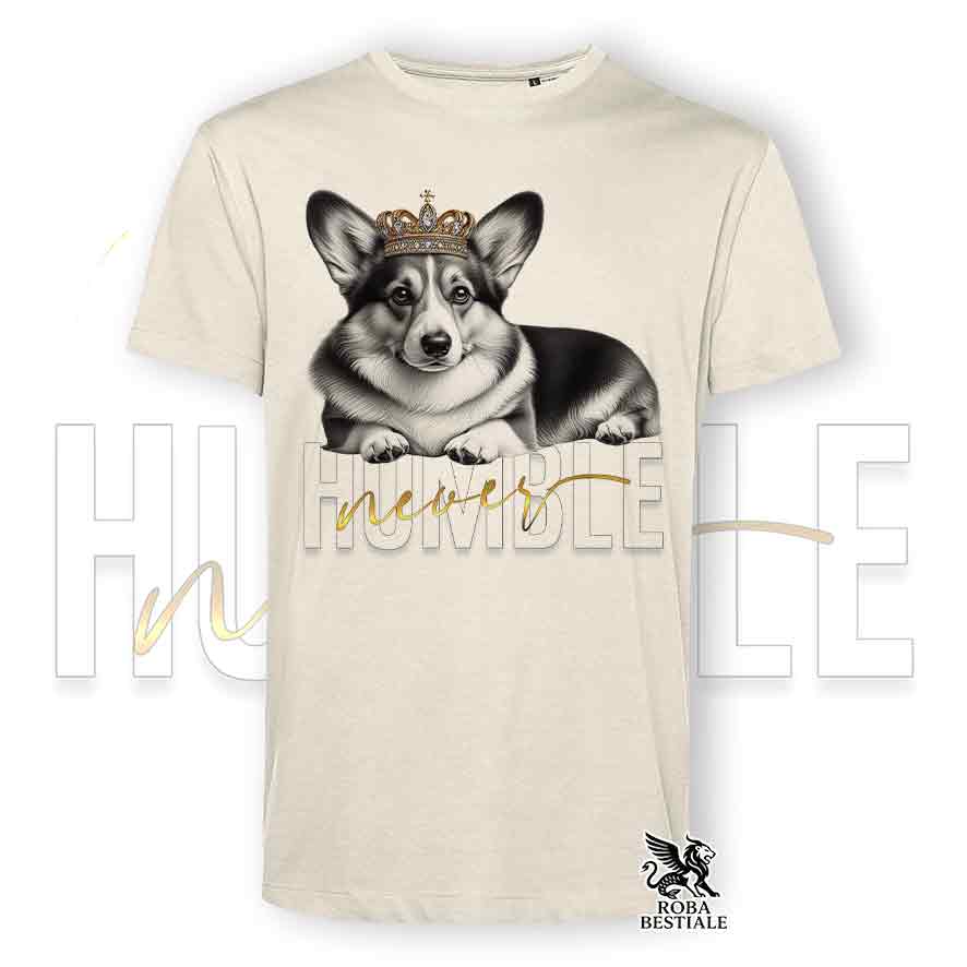 T-shirt beige stampata con un Welsh Corgi Cardigan, grafica Never Humble