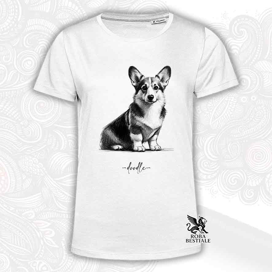 T-shirt bianca stampata con un Welsh Corgi Cardigan, grafica Doodle