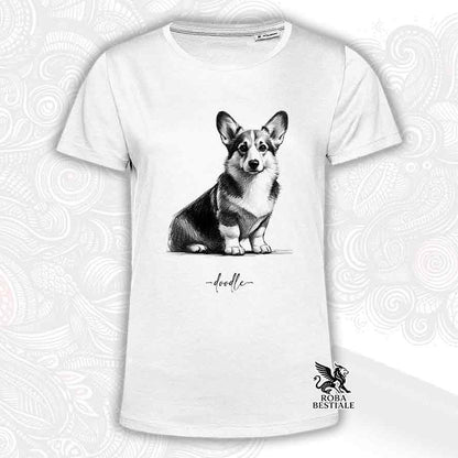 T-shirt bianca stampata con un Welsh Corgi Cardigan, grafica Doodle