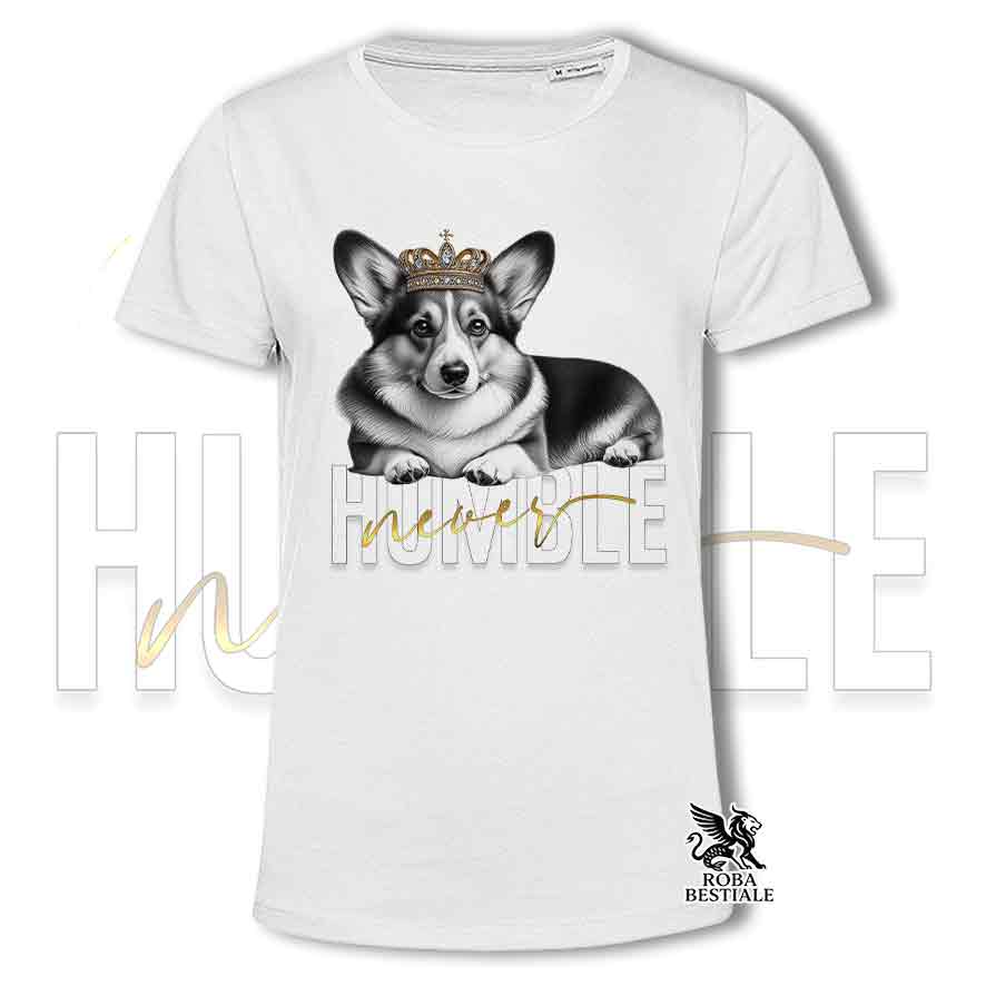 T-shirt bianca stampata con un Welsh Corgi Cardigan, grafica Never Humble