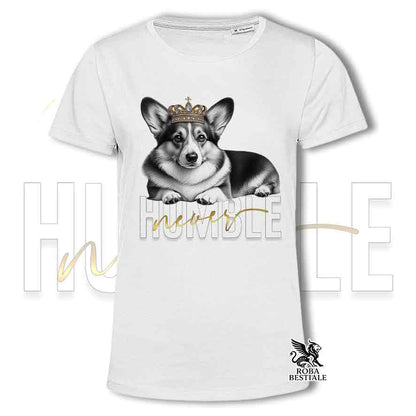 T-shirt bianca stampata con un Welsh Corgi Cardigan, grafica Never Humble