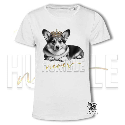 T-shirt bianca stampata con un Welsh Corgi Cardigan, grafica Never Humble