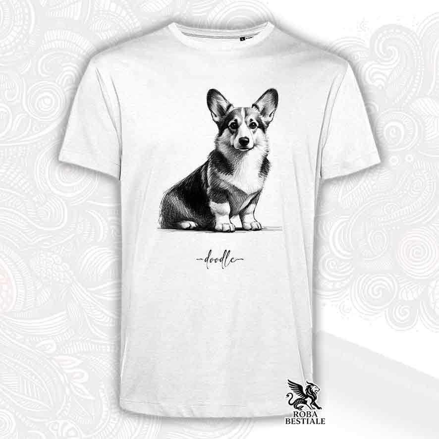 T-shirt bianca stampata con un Welsh Corgi Cardigan, grafica Doodle