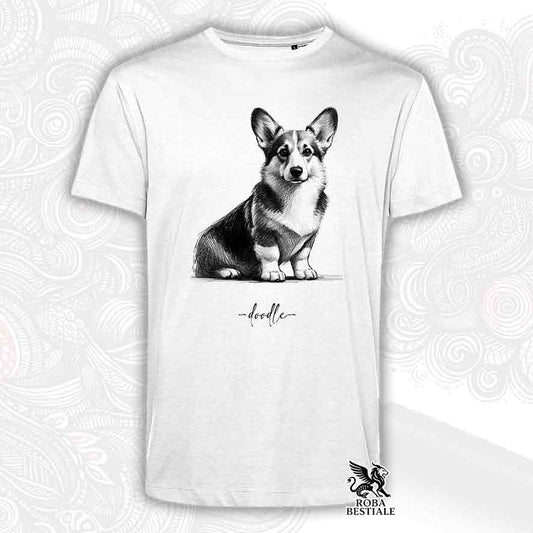 T-shirt bianca stampata con un Welsh Corgi Cardigan, grafica Doodle