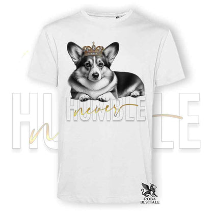 T-shirt bianca stampata con un Welsh Corgi Cardigan, grafica Never Humble