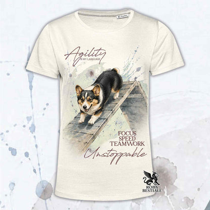 T-shirt beige stampata con un Welsh Corgi Cardigan che fa Agility. Grafica originale Roba Bestiale, collezione A-Frame