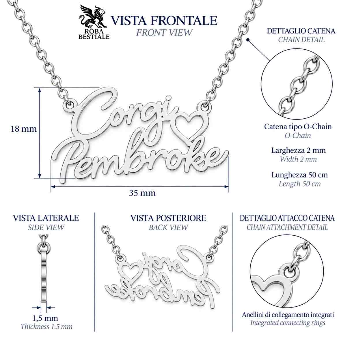 Collier KIRA PET JEWERLY - CORGI PEMBROKE - En acier inoxydable avec chaînette fine