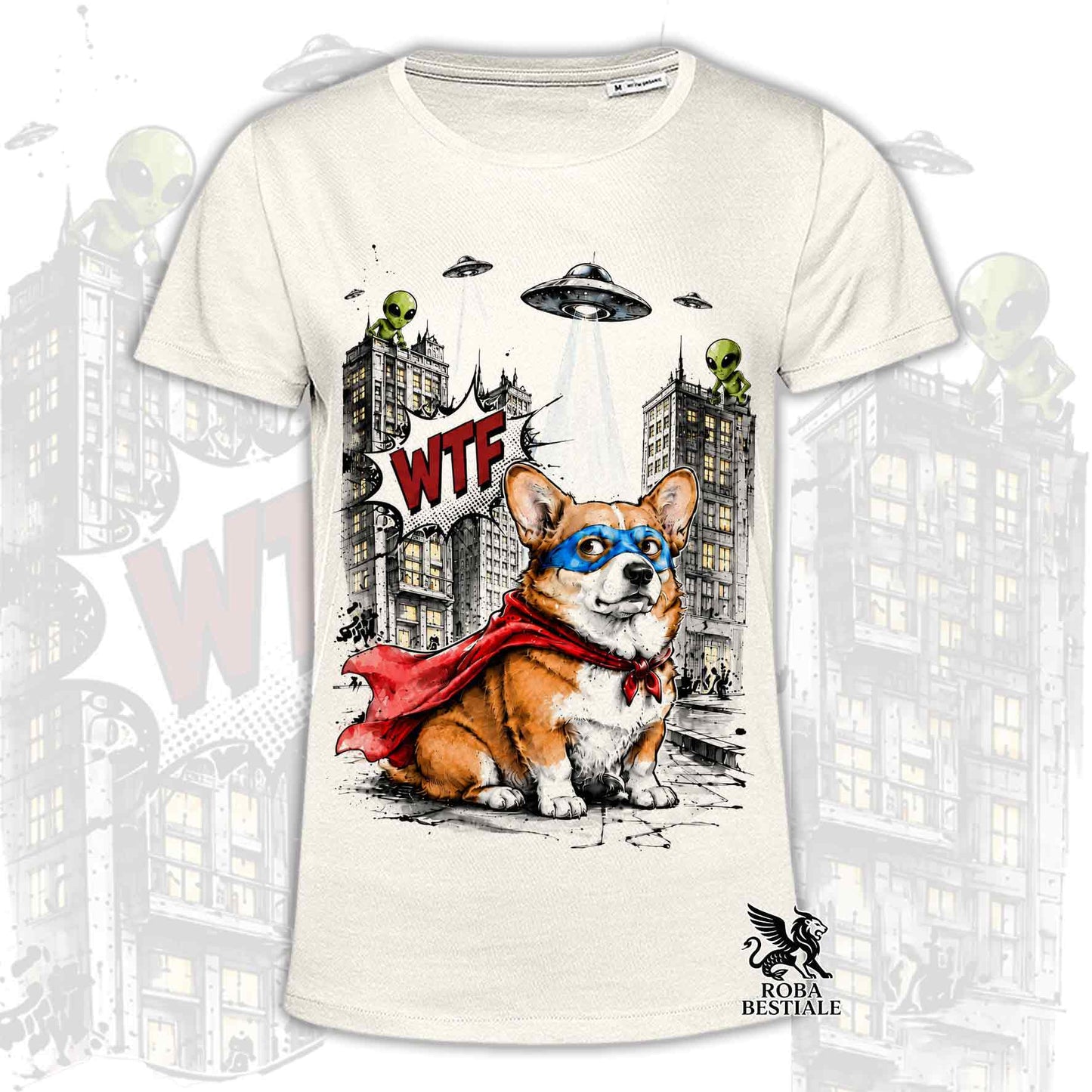 T-shirt beige stampata con un Welsh Corgi Pembroke con espressione sorpresa, vestito da Super Eroe. Grafica originale Roba Bestiale, collezione Hero