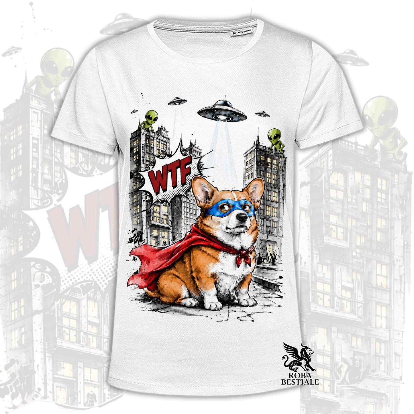 T-shirt bianca stampata con un Welsh Corgi Pembroke con espressione sorpresa, vestito da Super Eroe. Grafica originale Roba Bestiale, collezione Hero