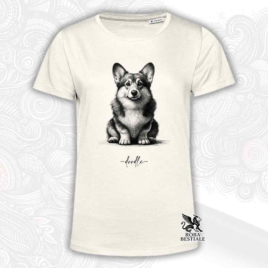 T-shirt beige stampata con un Welsh Corgi Pembroke, grafica Doodle