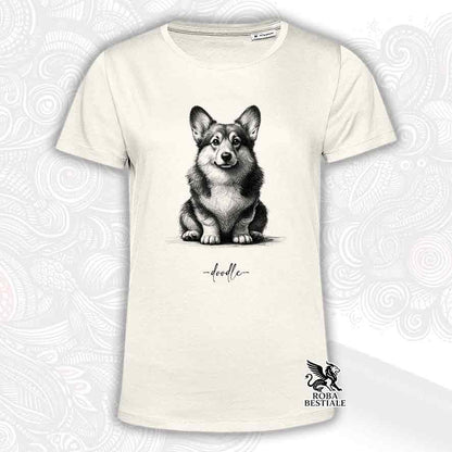 T-shirt beige stampata con un Welsh Corgi Pembroke, grafica Doodle
