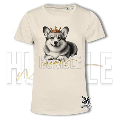 T-shirt beige stampata con un Welsh Corgi Pembroke, grafica Never Humble