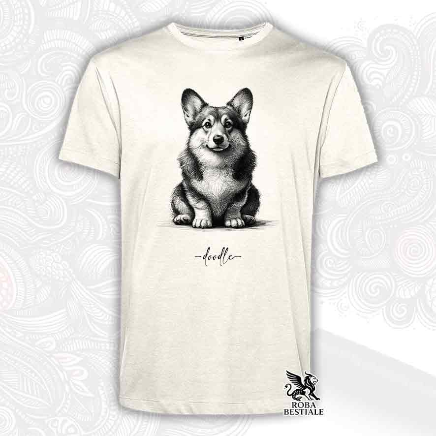 T-shirt beige stampata con un Welsh Corgi Pembroke, grafica Doodle