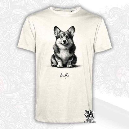 T-shirt beige stampata con un Welsh Corgi Pembroke, grafica Doodle
