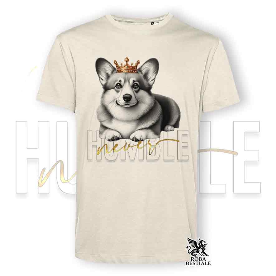 T-shirt beige stampata con un Welsh Corgi Pembroke, grafica Never Humble