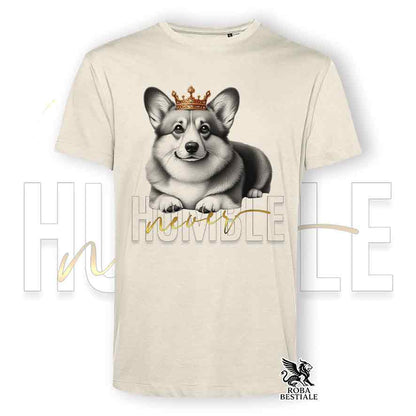 T-shirt beige stampata con un Welsh Corgi Pembroke, grafica Never Humble