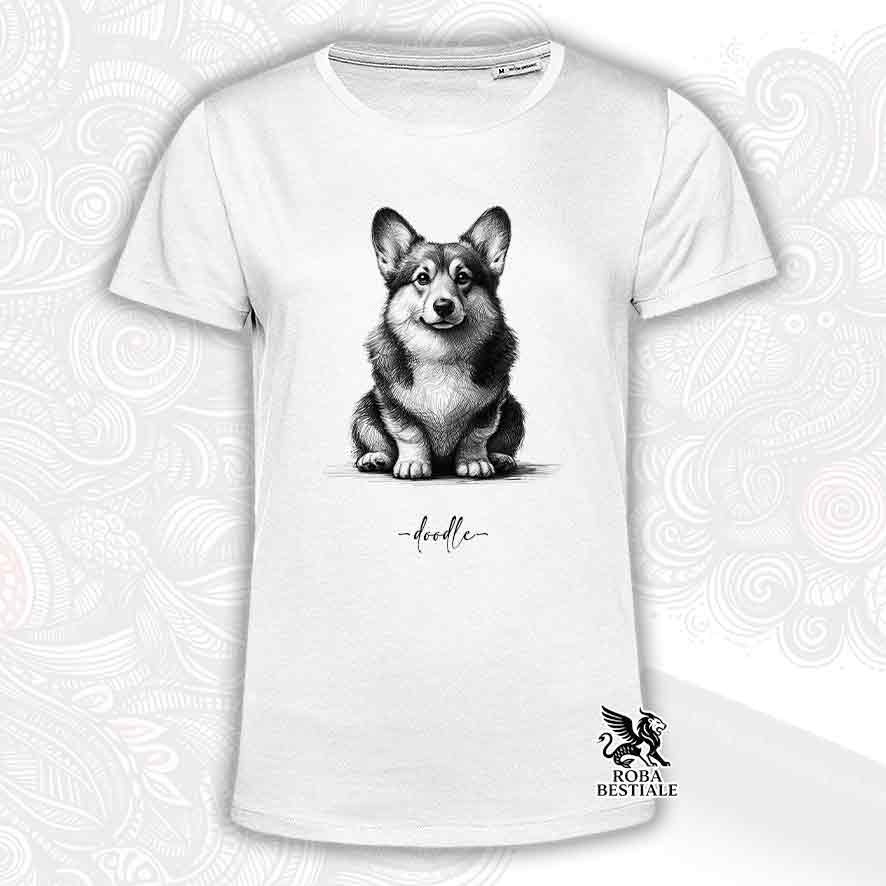 T-shirt bianca stampata con un Welsh Corgi Pembroke, grafica Doodle