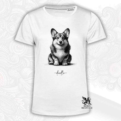 T-shirt bianca stampata con un Welsh Corgi Pembroke, grafica Doodle